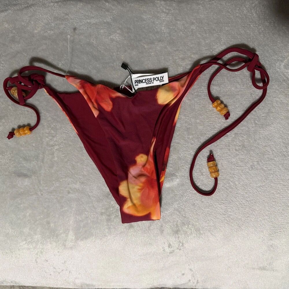 Princess Polly Maki Beaded Tie Side Bikini Bottoms Burgundy Floral US 8